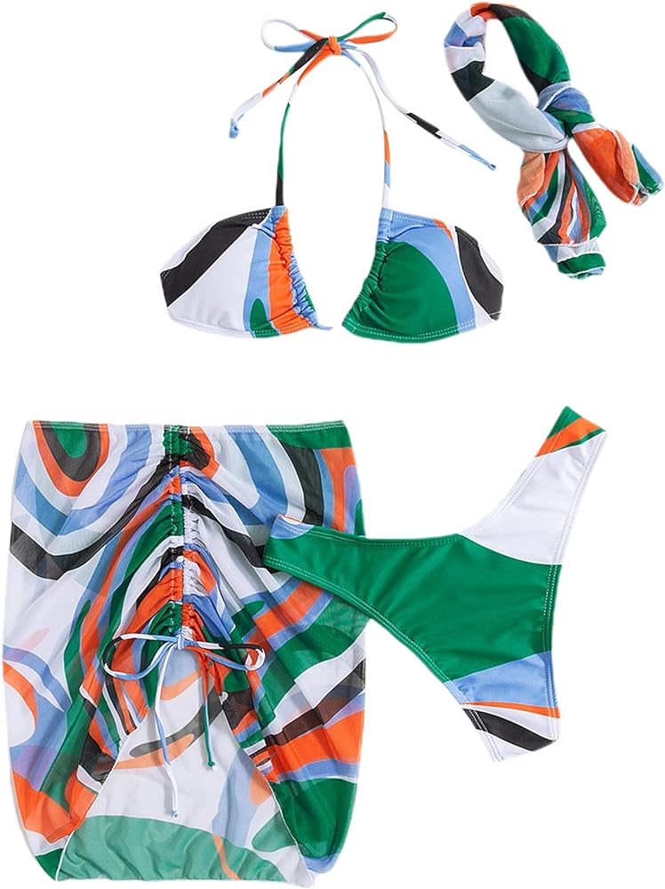 Milumia Women&#39;s 4 Piece Swimsuits Triangle Bikini Sets Bathing Suit with Mesh Cover Up Beach Skirt &amp; Bandana