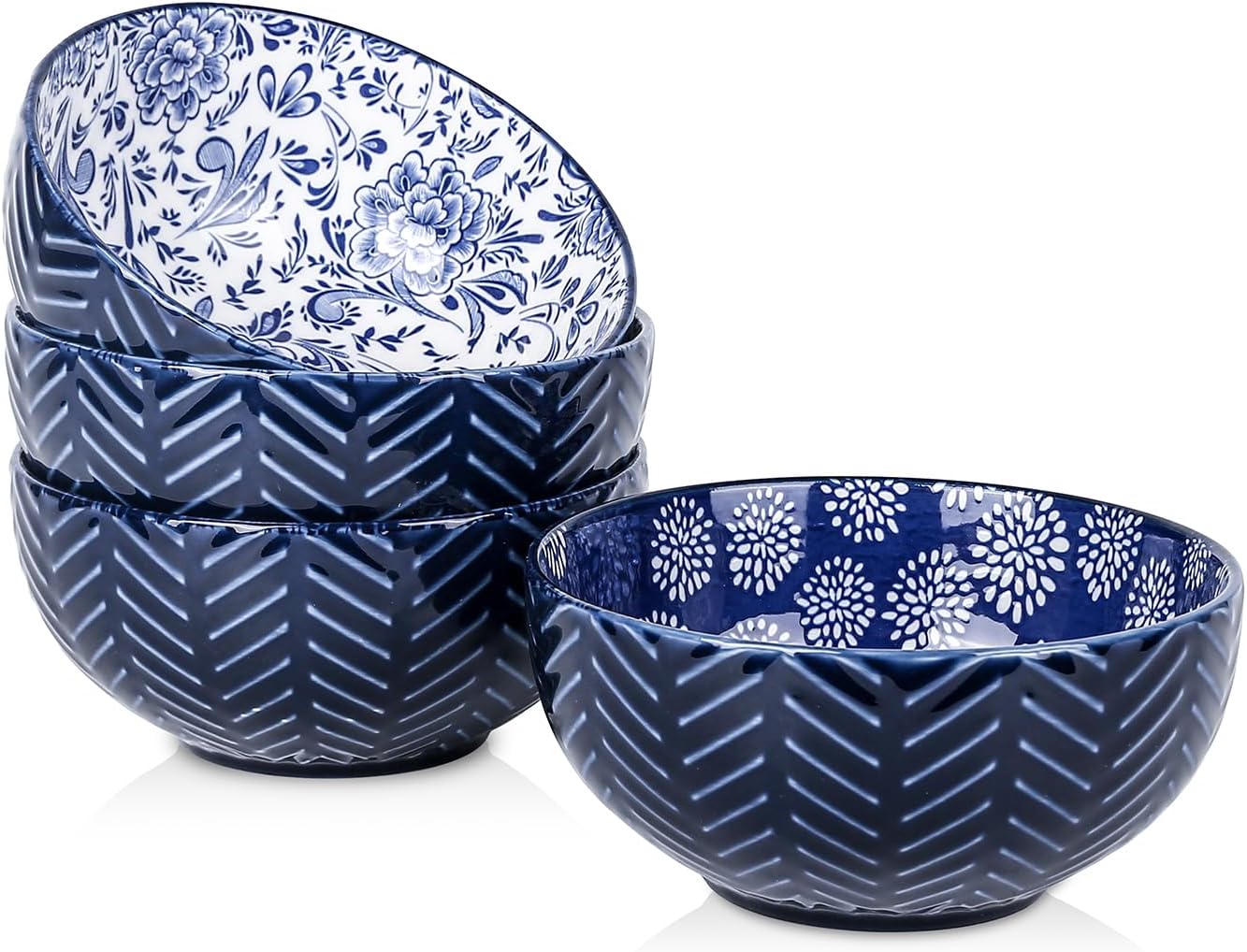 Selamica Ceramic Cereal Bowls Set 25 OZ, Embossed Soup Bowls, Dessert Bowls 5.9 Inch Ceramic Kitchen Bowls for Ramen Oatmeal Fruits, Microwave Dishwasher Safe, Set of 4, Blue