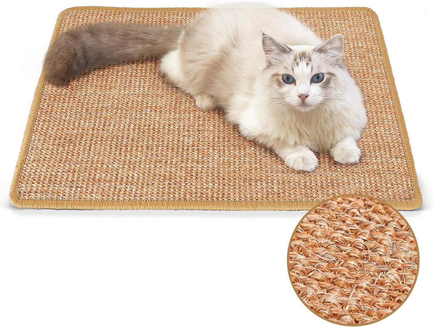 FUKUMARU Cat Scratcher Mat, 23.6 X 15.7 Inch Natural Sisal Cat Scratch Mats, Horizontal Cat Floor Scratching Pad Rug with Sticky Velcro Tapes, Protect Couch and Carpets