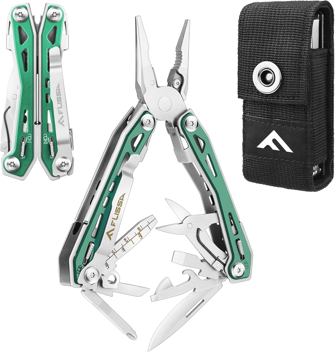 FLISSA Multi Tool Pliers, Green 16 in 1 Stainless Steel Multipurpose tool with Tactical Multitool Knife, Screwdrivers, Saw, Bottle Opener and Durable Sheath, Essential Gear for Outdoor Adventures