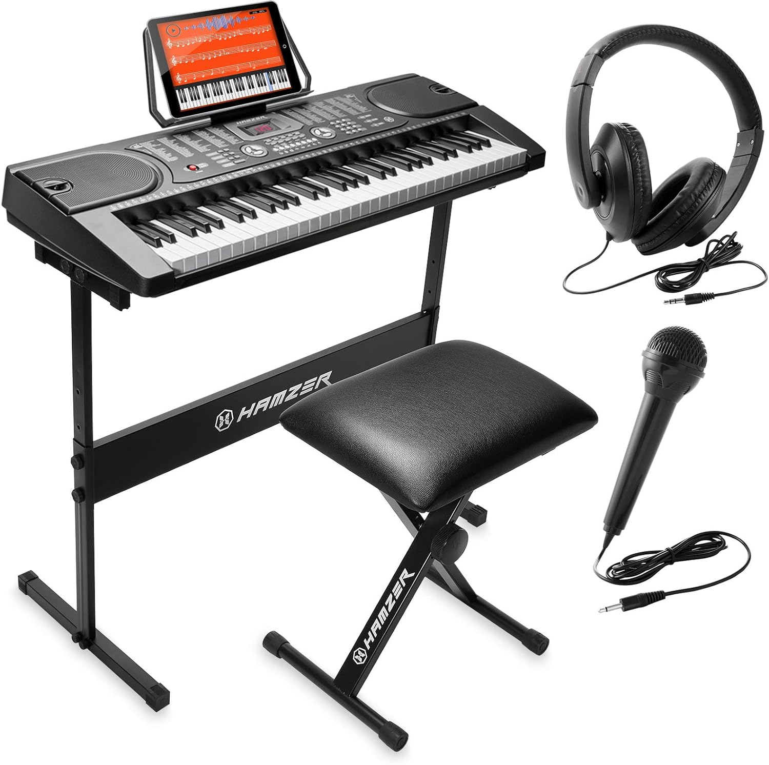 Hamzer 61-Key Portable Electronic Keyboard Piano with Stand, Stool, Headphones, Microphone & Sticker Sheet