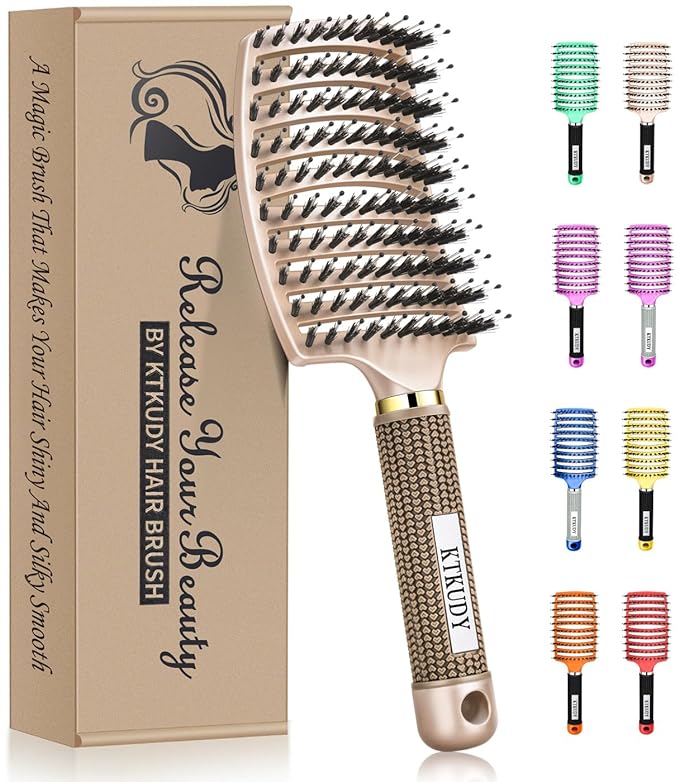 KTKUDY Detangling Brush Getting Knots Out without Pain - Boar Bristles Hair Brush Make Hair Shiny & Healthier Vented Detangler Brush for Women Men Kids Wet and Dry Hair (Gold)