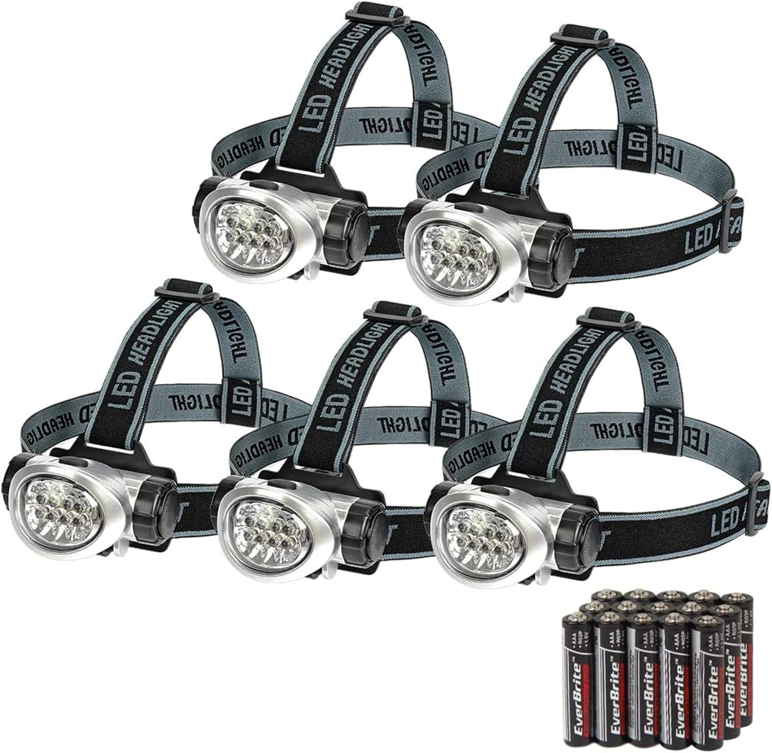 EverBrite 5-Pack LED Headlamp, 4 Lighting Modes, Pivoting Head with Adjustable Headband, Perfect for Running, Camping and Hiking, Batteries Included