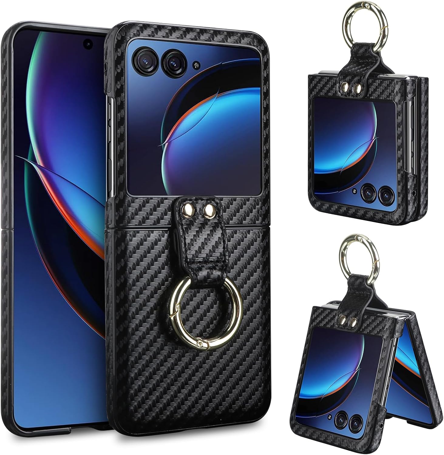 Vofolen for Motorola Razr Plus 2023 Case, Carbon Fibre Moto Razr Plus 2023 Phone Case with Ring Hard PC Shell Full Body Shockproof Protective Slim Cover Case for Motorola Razr   2023 Case Plus Black