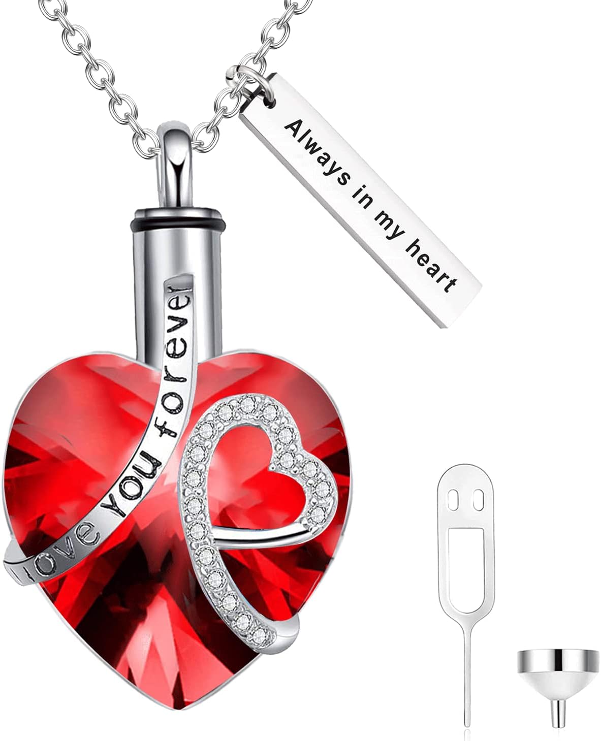 AOBOCO Heart URN Necklace S925 Sterling Silver Cremation Necklace for Ashes Embellished with Crystals from Austria, Fine Keepsake Memorial Jewelry for Ashes (Package including a Necklace/Pin/Funnel)