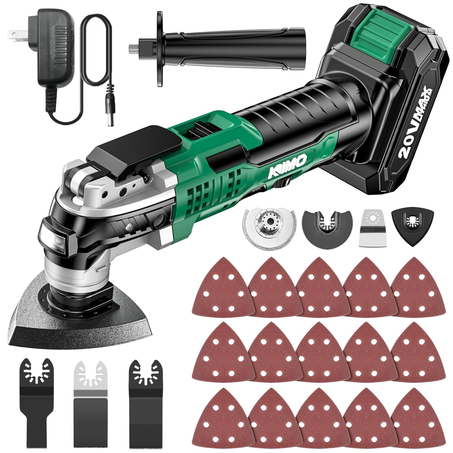 KIMO 20V Cordless Oscillating Tool Kit with 26-Pcs Accessories, Max 21000 OPM, 6 Variable Speed & 3 Oscillating Angle, Battery Powered Oscillating Multitool for Cutting Wood/Nail/Scraping/Sanding