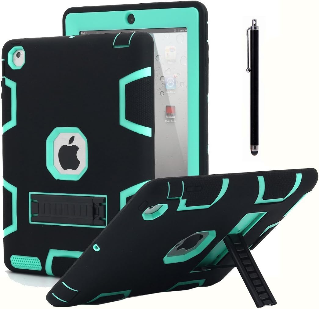 iPad 2 Case,iPad 3 Case,iPad 4 Case, AICase Kickstand Shockproof Heavy Duty Rubber High Impact Resistant Rugged Hybrid Three Layer Armor Protective Case with Stylus for iPad 2/3/4 (Black+Mint Blue)