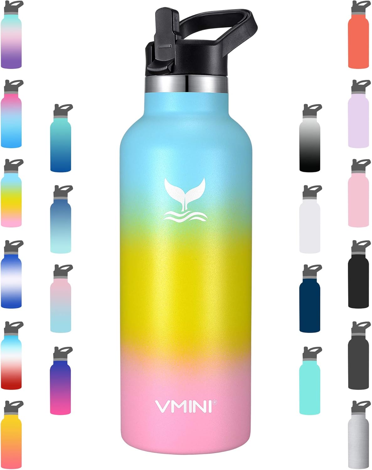 Vmini Water Bottle - Standard Mouth Stainless Steel & Vacuum Insulated Bottle, New Straw Lid with Wide Handle, Blue+Yellow+Pink & 22 oz