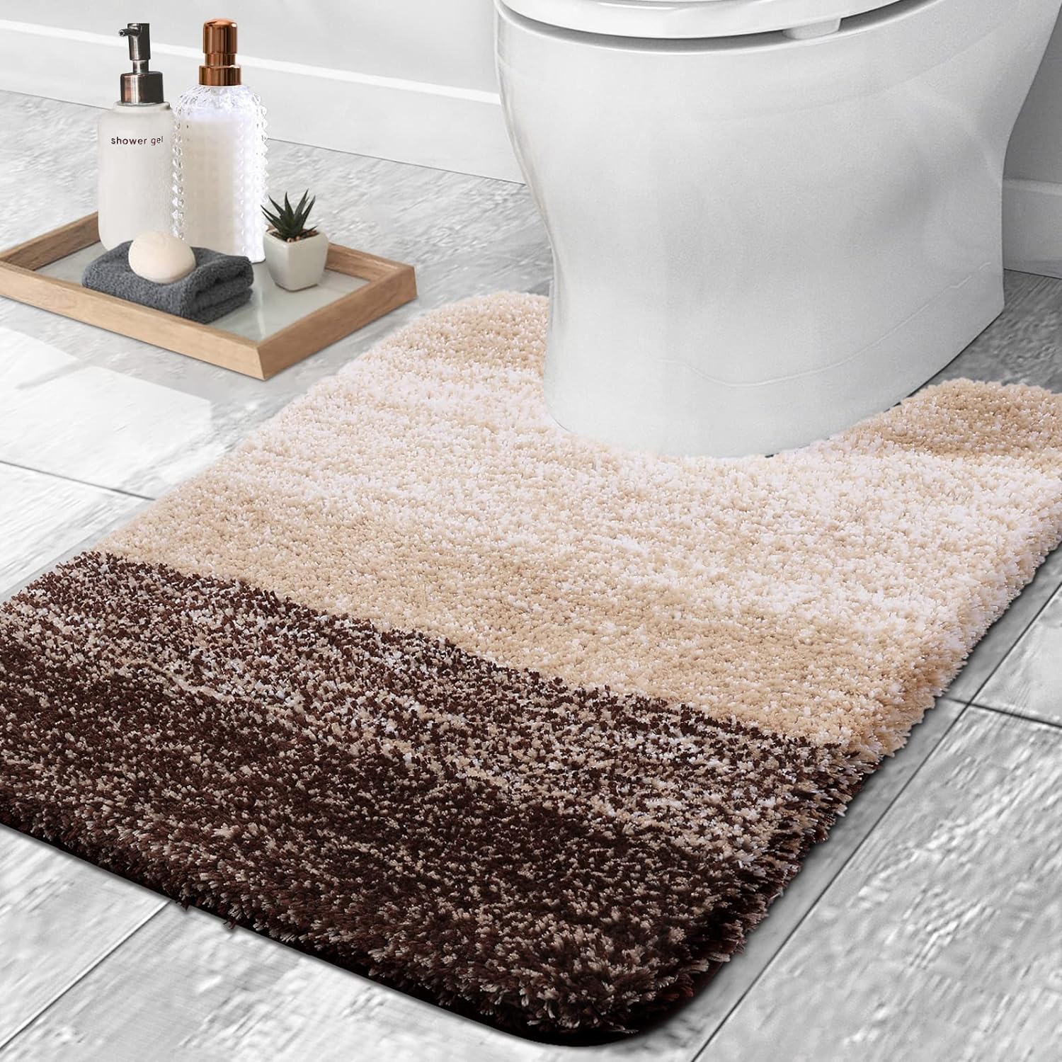 OLANLY Luxury Toilet Rugs U-Shaped 24x20, Extra Soft and Absorbent Microfiber Bathroom Rugs, Non-Slip Plush Shaggy Toilet Bath Mat, Machine Wash Dry, Contour Bath Rugs for Toilet Base, Brown