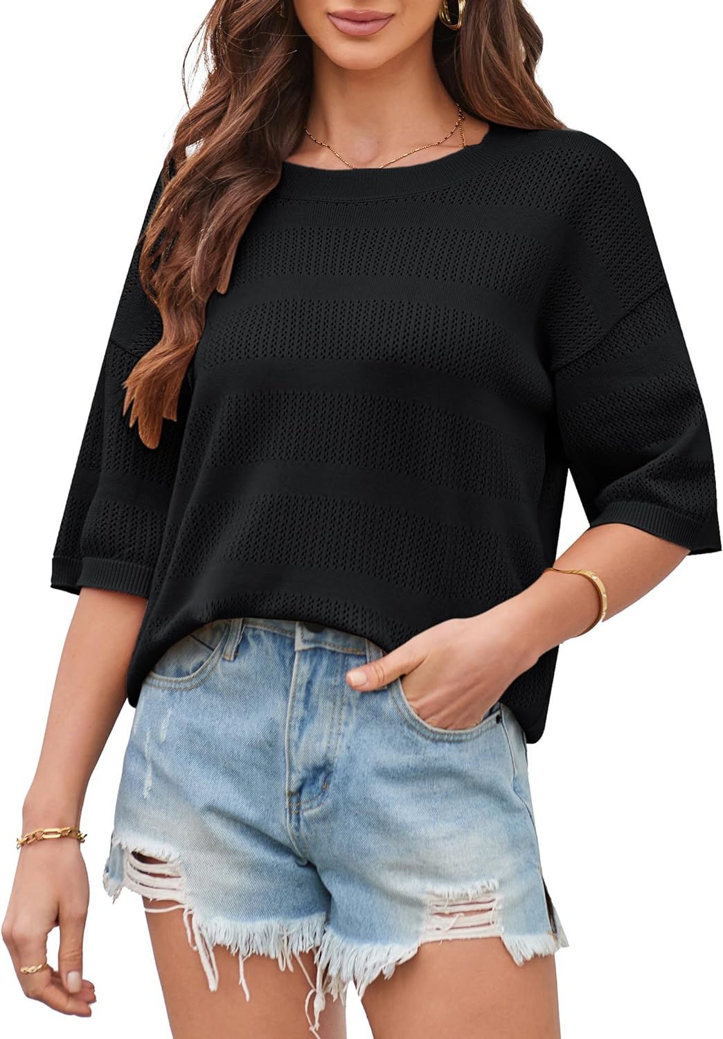 2024 Summer Women' Oversized Hollow Out Crewneck Striped T Shirts Short Sleeve Knit Casual Basic Tee Tops Black XXL