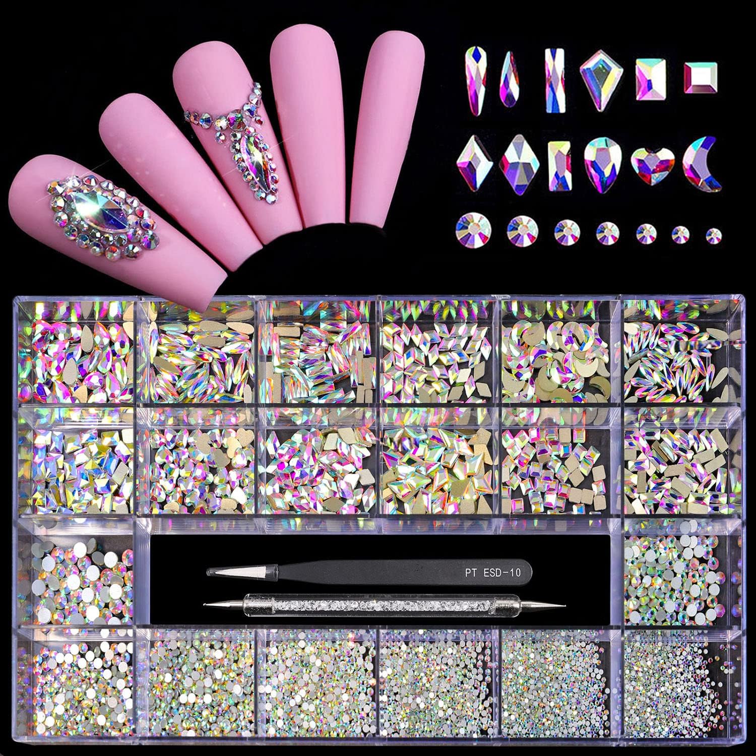 12 Types of 600 Special-Shaped Diamonds + 2500 Flat-Bottomed Rhinestones Mix 20 Styles Flatback Rhinestone Crystals 3D Decorations Flat Back Stones Gems Set +Tweezers + Drill Pen