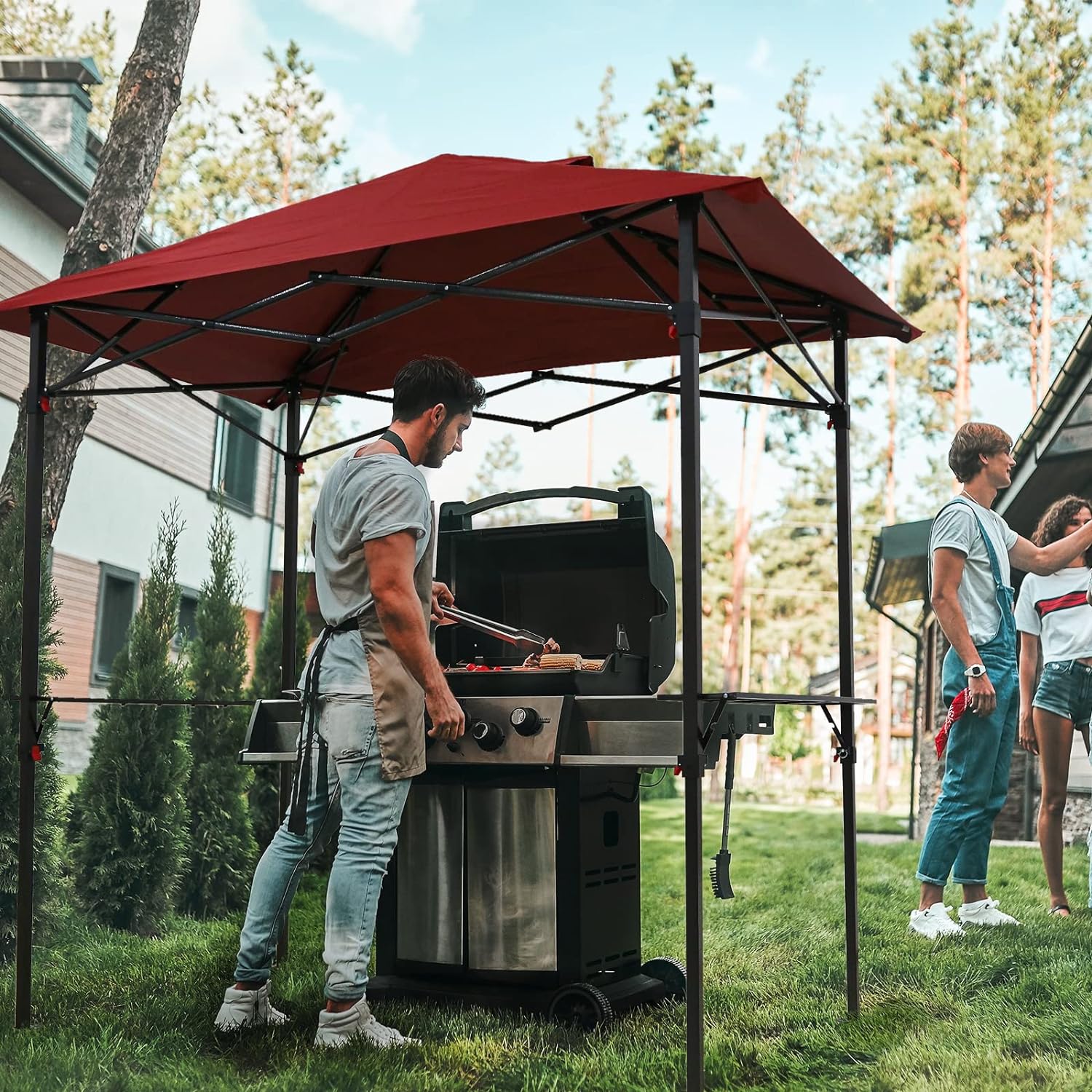 COOS BAY 8x5 Pop up Grill Gazebo Portable BBQ Gazebo Canopy Tent with Roller Bag, Outdoor Barbeque Shelter, Red