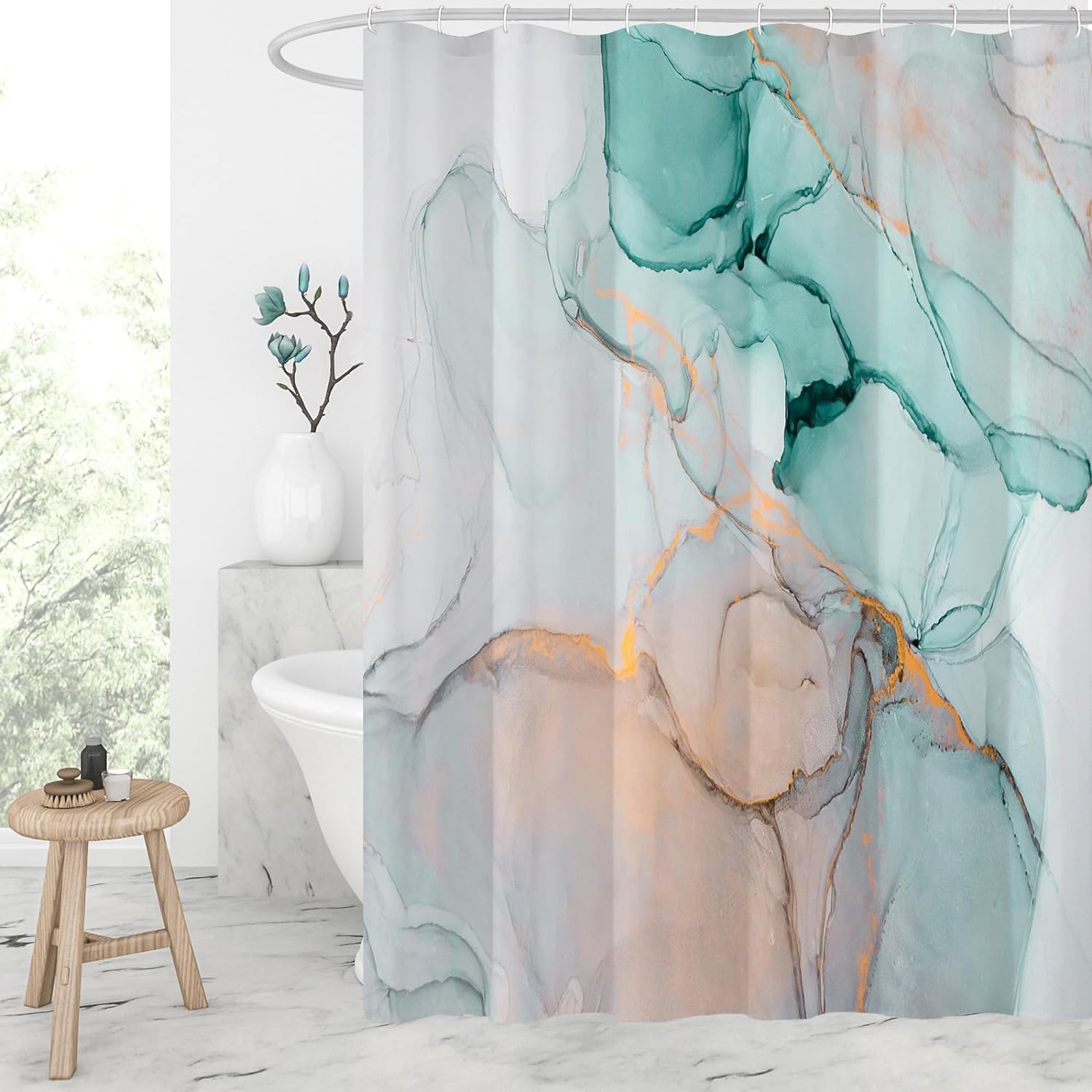 Gibelle Extra Long Shower Curtain 72 x 84, Tall Abstract Grey Teal Marble Shower Curtain, Modern Ink Art Waterproof Fabric Shower Curtain Set with Hooks