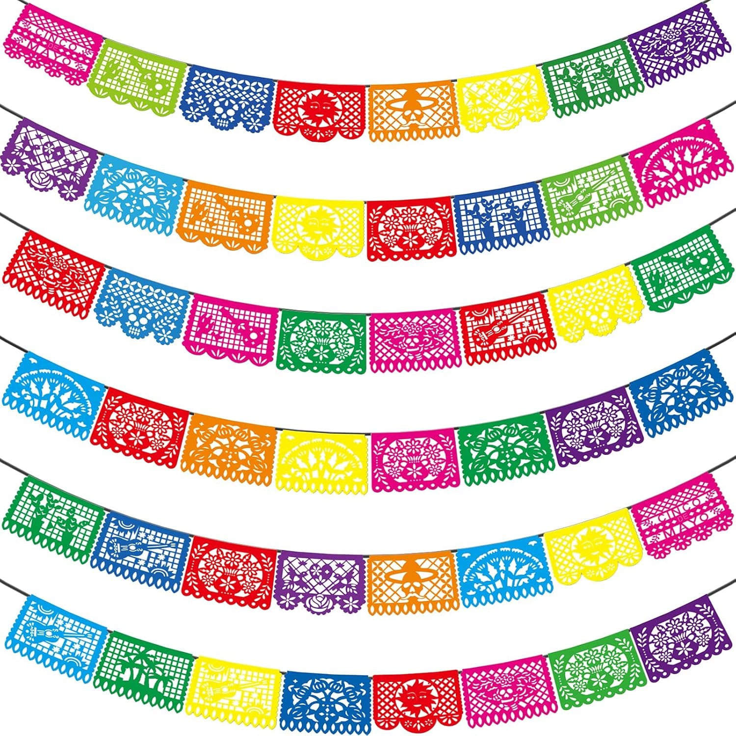 6 PCS 90 Ft Fiesta Party Decorations Mexican Party Banners, Cinco De Mayo Mexico Decor Easter Banner, Plastic Papel Picado, Dia De Los Muertos, Day of The Dead Decor, 12 Patterns/90 Feet Total