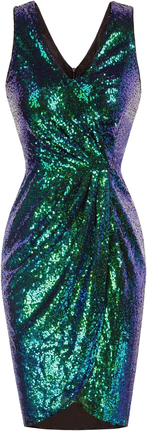 GRACE KARIN Women' Sexy Sequin Sparkly Glitter Party Dress Club Dress Sleeveless V-Neck Ruched Cocktail Bodycon Dress