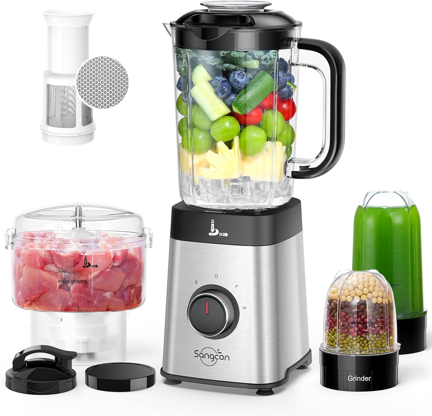 Sangcon Blenders and Food Processor Combo for Kitchen, 5 in 1 Blender for Shakes and Smoothies, Meat Chopped, Grinding & more, 40 oz Jar & 17oz Cup with To-Go Lid, Stainless Steel Silver