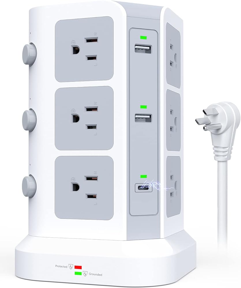 KOOSLA Dual 20W USB-C Power Strip Tower, Surge Protector Power Strip, Power Tower with USB Ports and Widely Spaced AC Outlets,1875W/15A, Charging Tower with 6.5ft Heavy-Duty Extension Cord White