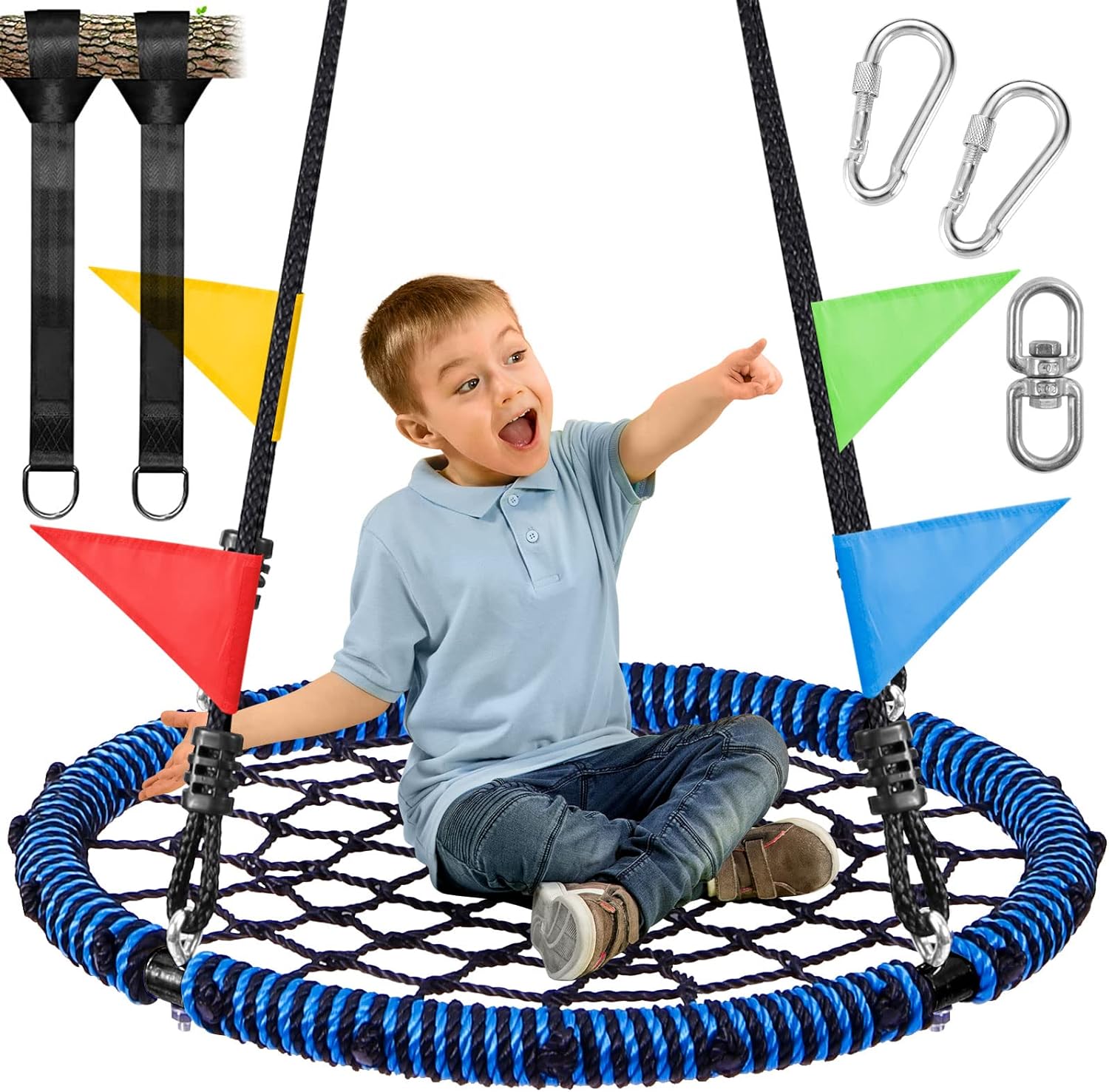 Odoland Spider Web Tree Swing, Outdoor Saucer Net Swing, 900D Oxford Platform Swing for Kids Adult, Backyard Round Flying Swing with Hanging Ropes Straps and Turnbuckle 24in Black Blue