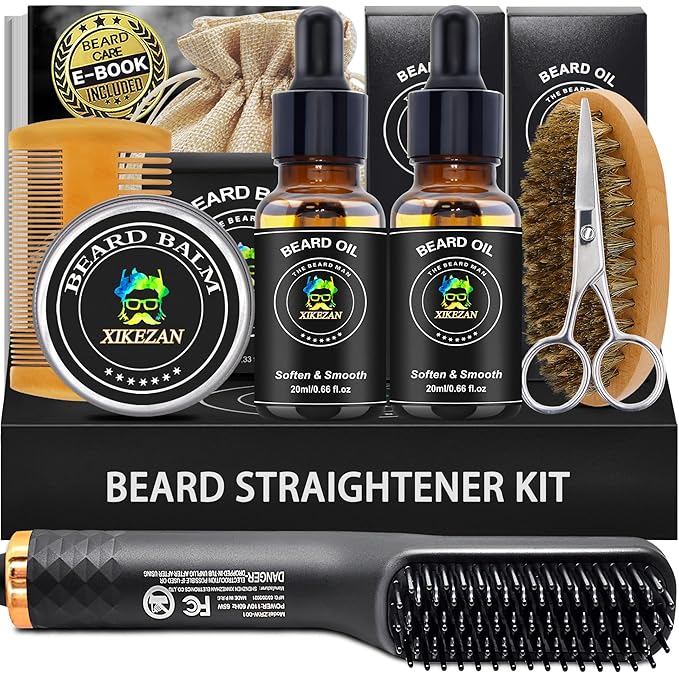 Beard Kit,Beard Grooming Kit,w/Beard Straightener,Beard Oil,Beard Balm,Beard Comb,Beard Scissor,Razor & Brush Stands,Bag,E-Book,Beard Care Growth Christmas Dad Gifts for Men Him Father