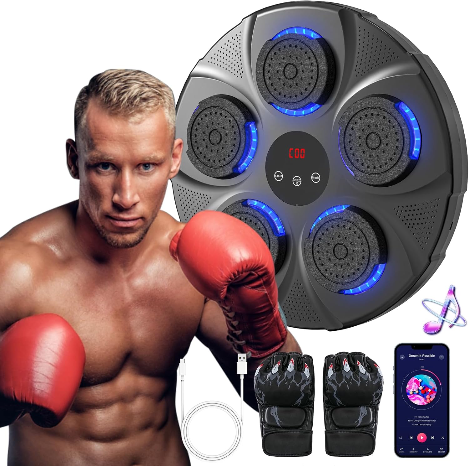 Music Boxing Machine with Boxing Gloves, Bluetooth Wall Mounted Boxing Game, Intelligent Punching Target, Workout Equipment