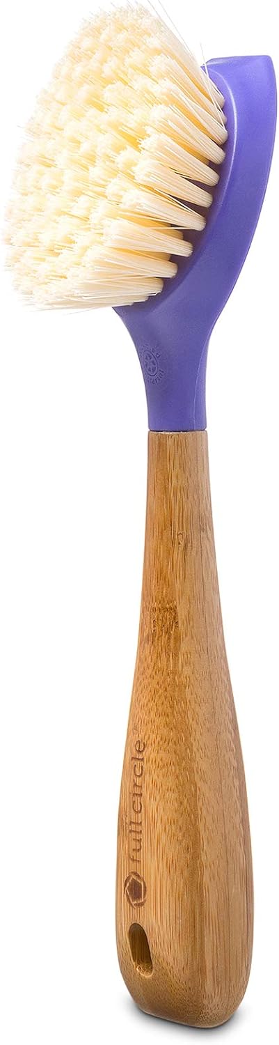 Full Circle Be Good Bamboo Handle Dish Brush  Sustainable Kitchen Cleaning with Tough Bristles - Natural Dish Scrubber & Cast Iron Cleaner - Long Handle Brush for Dishes, Pots, and Pans, Purple