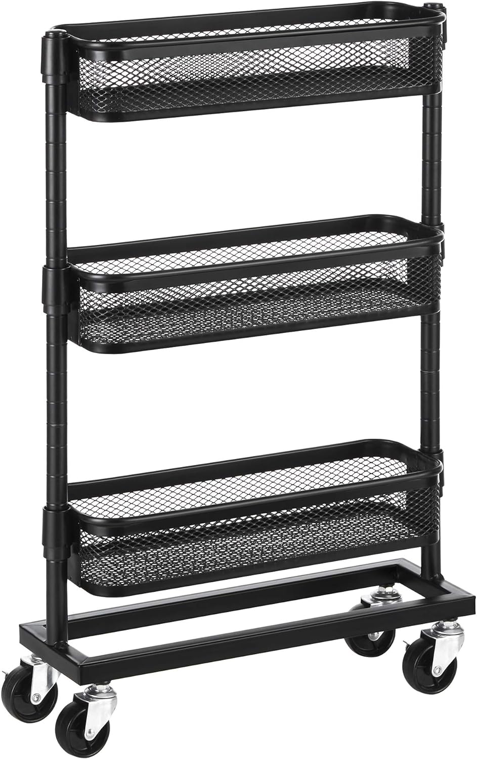 SONGMICS Slim Storage Cart, Slide-Out Trolley, 3-Tier Rolling Cart with Wire Baskets, Space Saving, Easy Assembly, for Kitchen, Bathroom, Living Room, Small Spaces, Black UBSC066B01