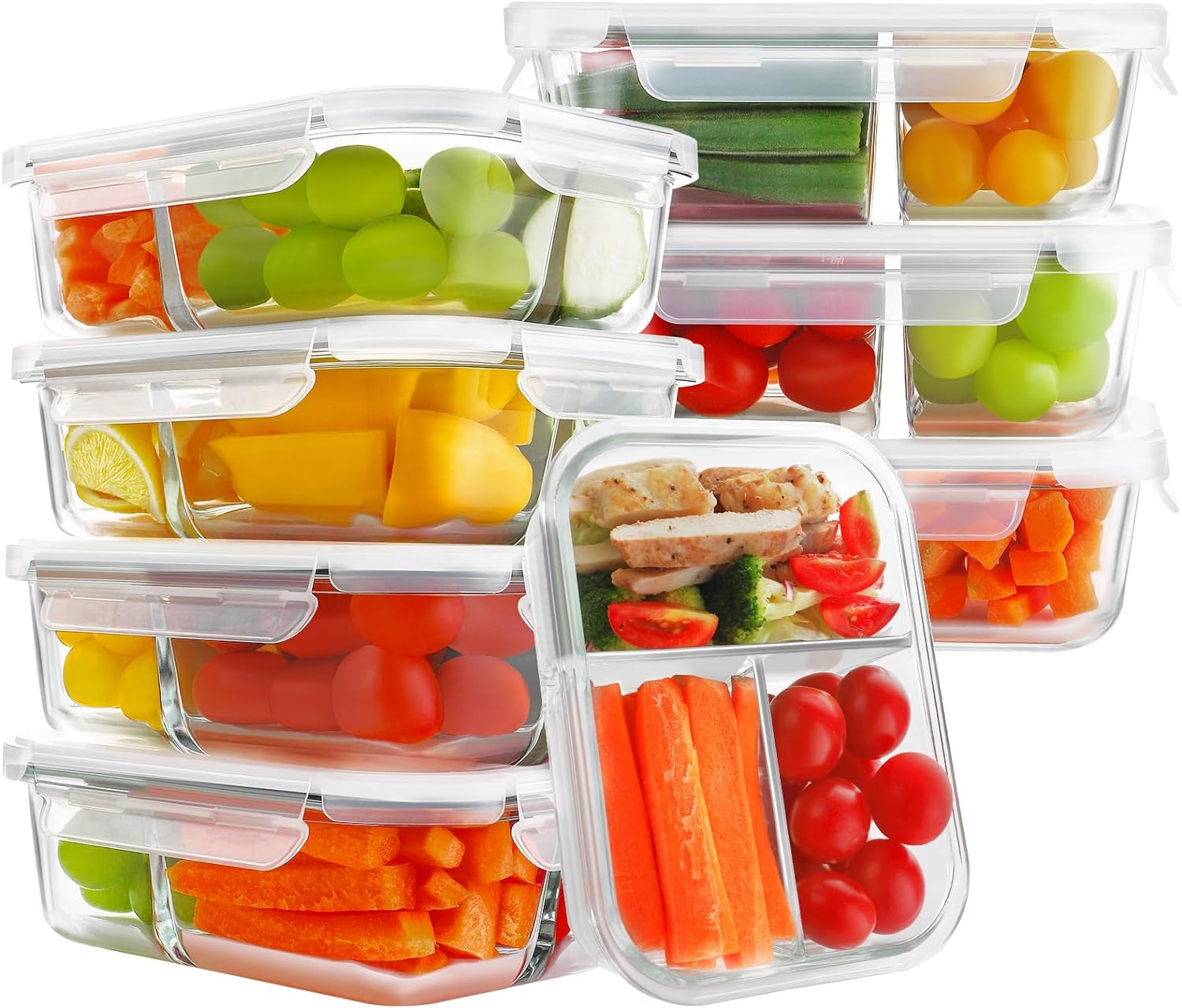 8 Pack Glass Meal Prep Containers 3 Compartment, 33oz Glass Food Storage Containers with Lids, Airtight Glass Lunch Bento Boxes, BPA-Free & Leak Proof (Set of 8) - White