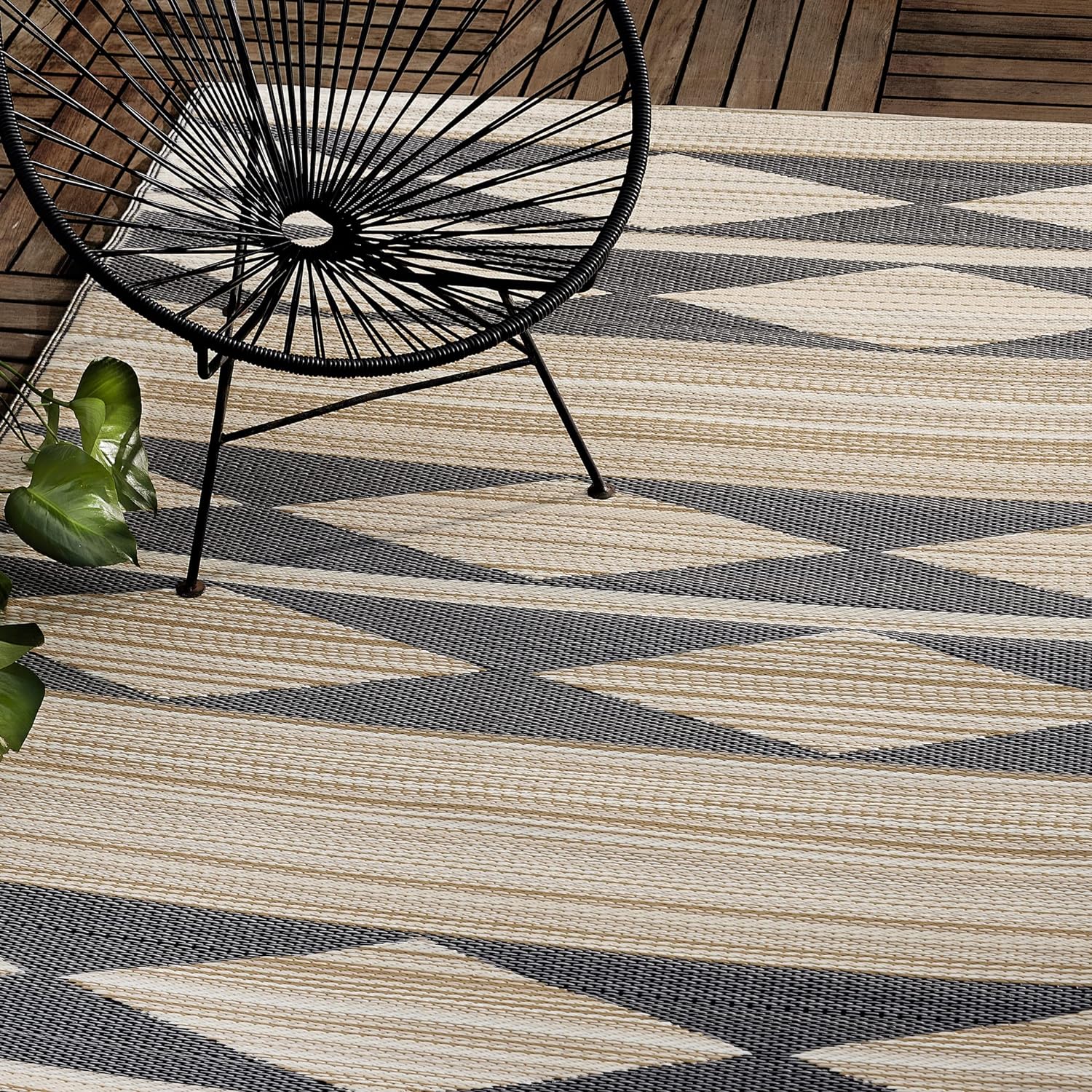 Fab Habitat Geometric Neutral Tribal Outdoor Rug - Waterproof, Fade Resistant, Crease-Free, Reversible - Premium Recycled Plastic - Patio Porch Balcony Deck - Cairo NaturalBlack - 8x10 ft