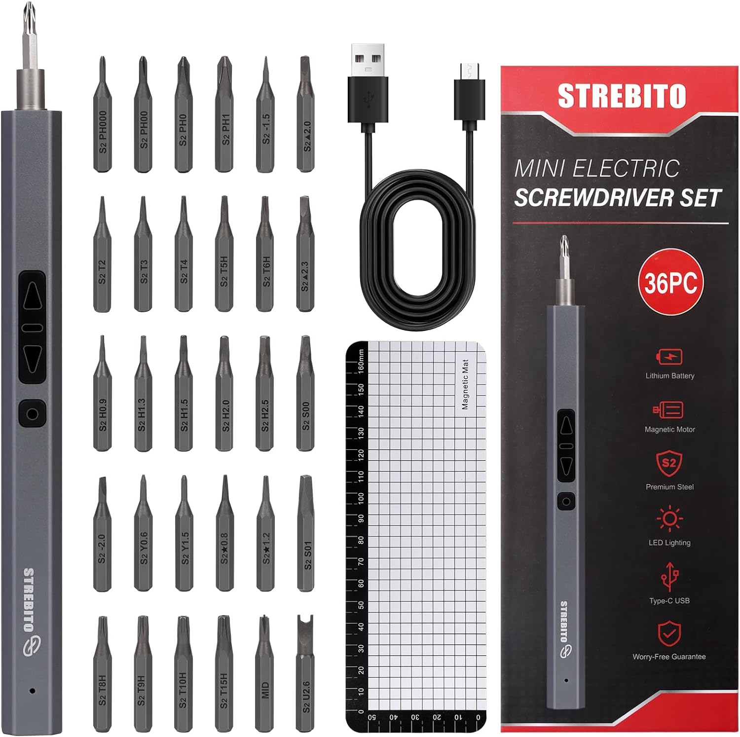 STREBITO Mini Electric Screwdriver Set, 36 in 1 Electric Precision Screwdriver Small Electric Screwdriver Kit, S2 Steel, Rechargeable Battery, 2 Torque Settings, Micro Power Screwdriver Cordless