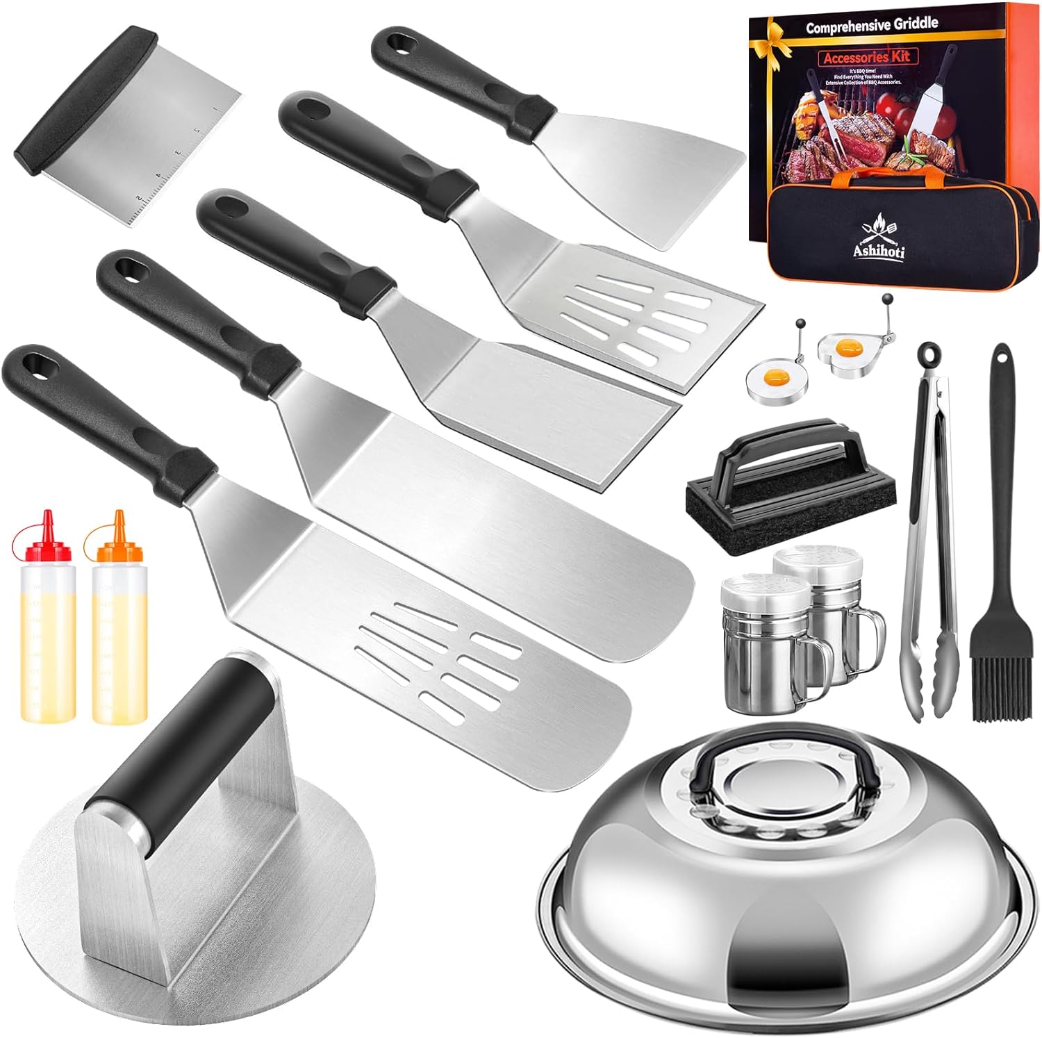 Griddle Accessories for Blackstone with Smashed Burger Press,18Pcs Griddle Accessories kit for Hibachi, Enlarged Grill Spatula, Griddle Cover Salt and Pepper Shakers, Grill Black Tools Set