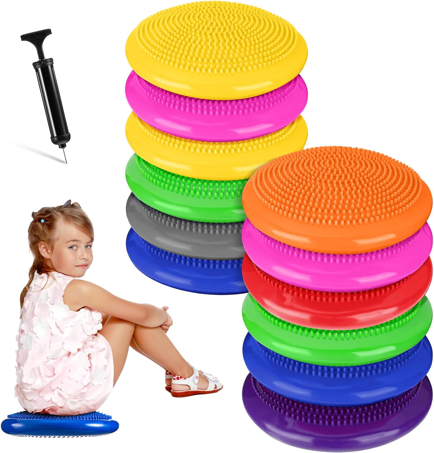 Amylove 13 Pcs Inflated Wobble Cushion Pump Wiggle Seat for Sensory Kids Flexible Seating Exercise Balance Disc Sensory Chair Balance Boards for Office School Equipment, Pump Included