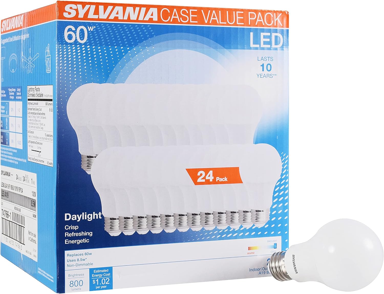 SYLVANIA LED A19 Light Bulb, 60W Equivalent, Efficient 8.5, 10 Year, W, 5000K, 800 Lumens, Frosted, Daylight - 24 Count (Pack of 1)