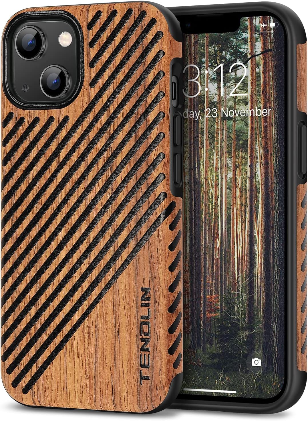 TENDLIN Compatible with iPhone 14 Case Wood Grain with Leather Outside Design TPU Hybrid Case (Wood & Leather)