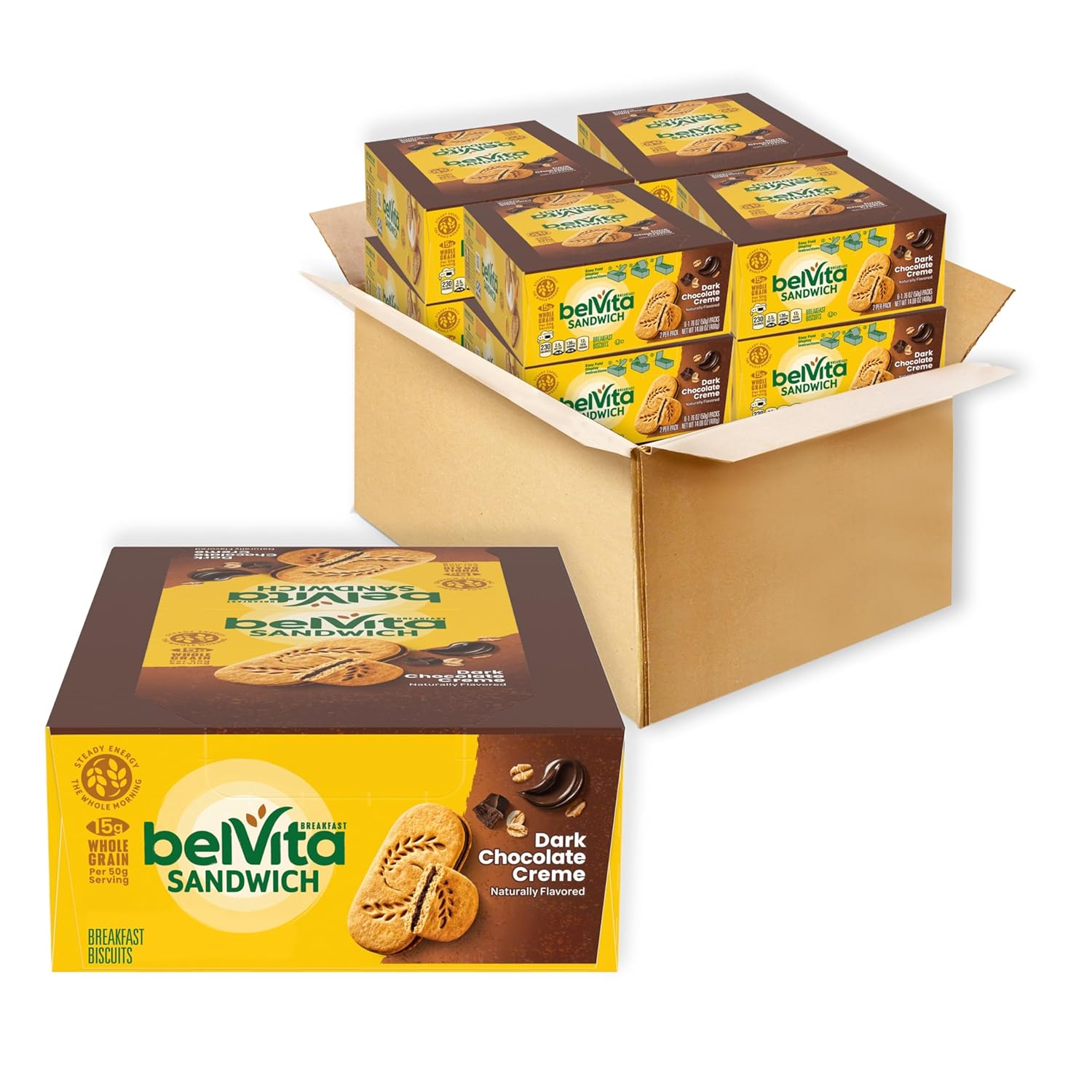 belVita Breakfast Sandwich Dark Chocolate Creme Breakfast Biscuits, 64 Total Packs, 8 Boxes (2 Sandwiches Per Pack)