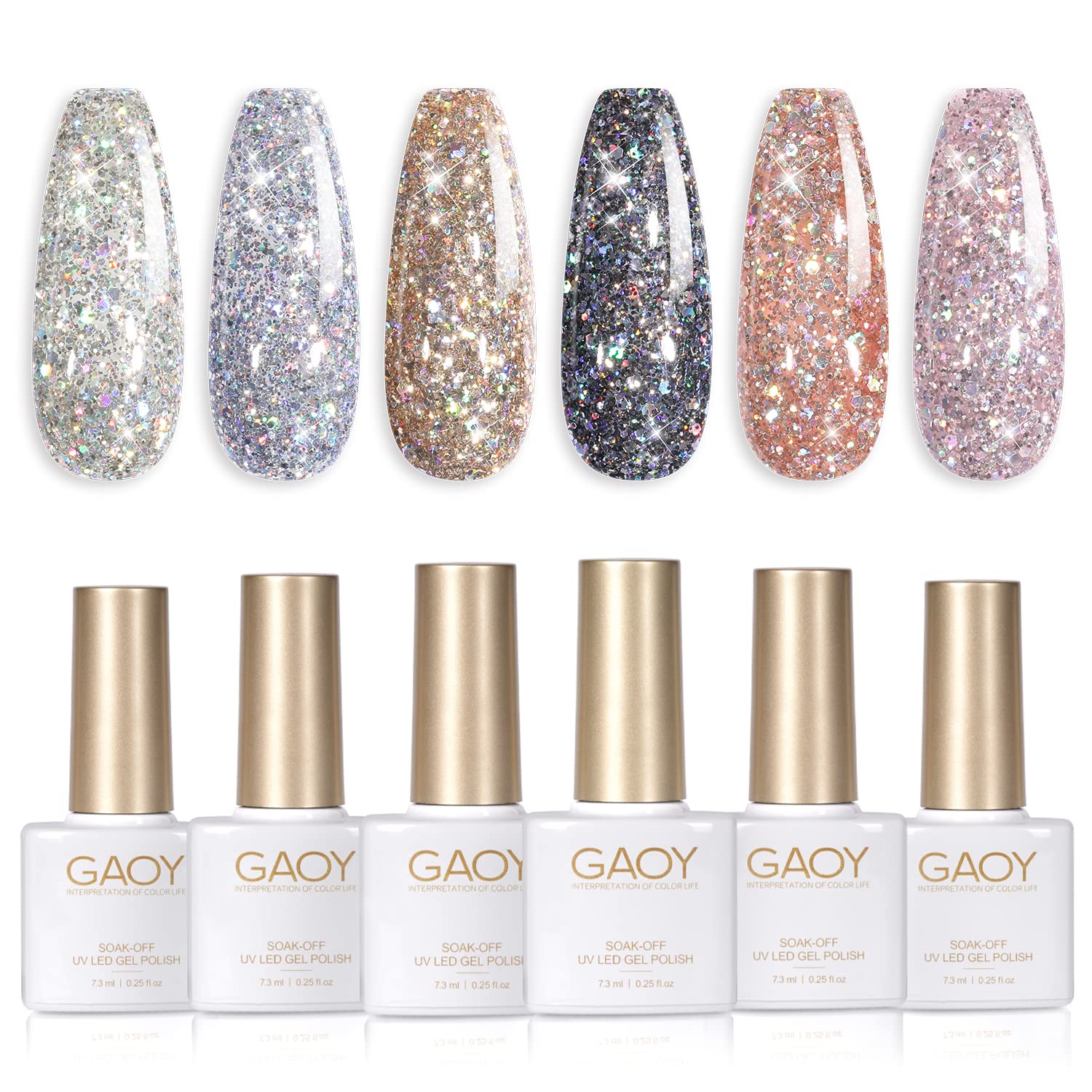 GAOY Chrome Platinum Glitter Nail Polish Set of 6 Colors Including Sparkly Shiny UV LED Soak Off Black Silver Pink Gel Polish Kit Home DIY Manicure Nail Salon Varnish