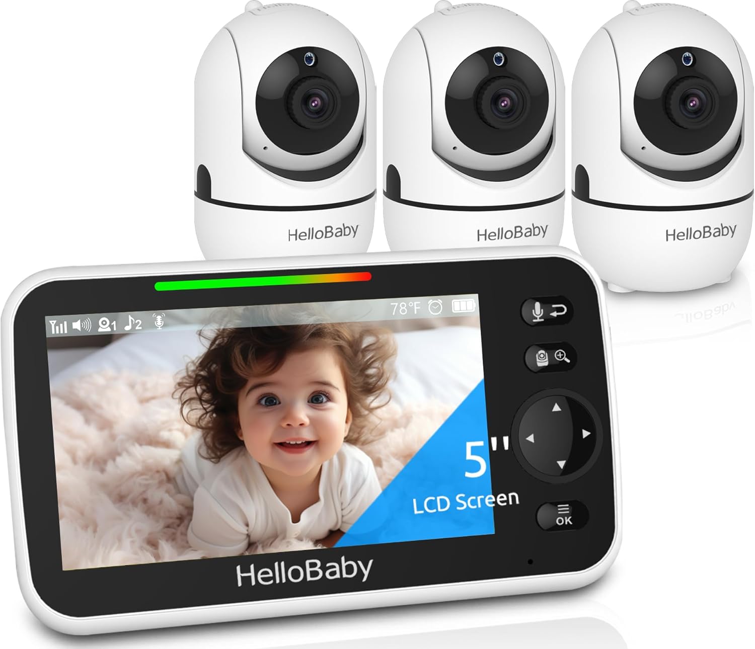 HelloBaby HB6550 5 Baby Monitor 3 Cameras, 26-Hour Battery, Pan-Tilt-Zoom,1000ft Range Video Audio Baby Monitor No WiFi, ECO, Night Vision, 2-Way Talk, 8 Lullabies and Temperature, Ideal Gifts