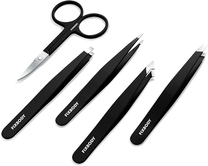 FIXBODY Tweezers Set 5-Piece - Professional Stainless Steel Tweezers with Curved Scissors, Best Precision Tweezer for Eyebrows, Splinter & Ingrown Hair Removal with Leather Travel Case