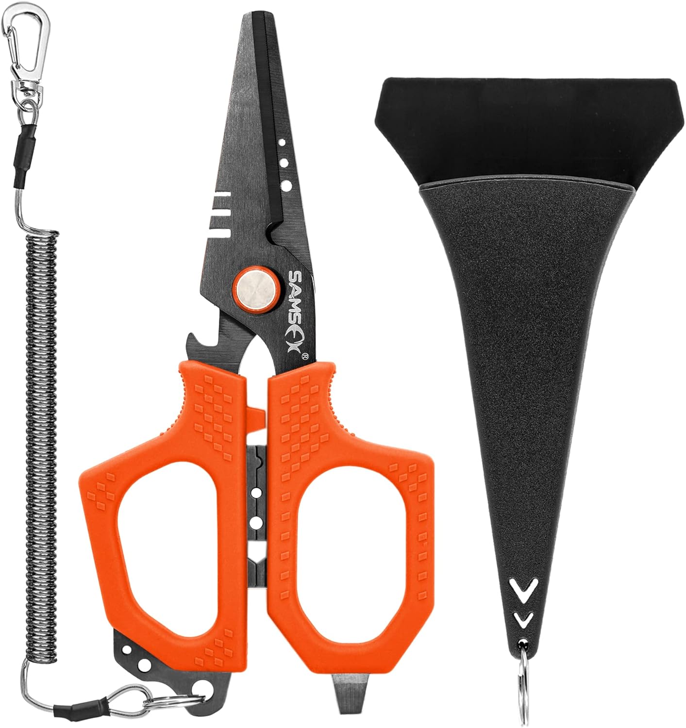 SAMSFX 6.5 Pro Fishing Shears Dual Serrated Blades, Fishing Braided Line Scissors with Titanium Coating, Non-Slip Grip & Multifunction Tool, Includes Hard Molded Locking Sheath & Coiled Lanyard