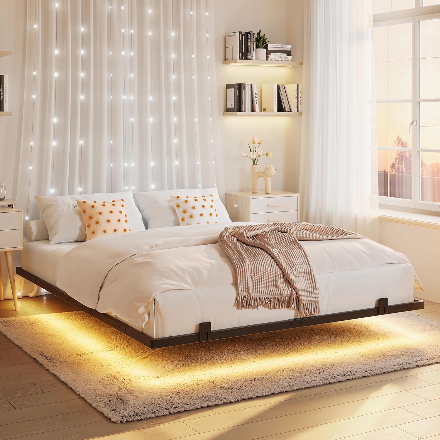 Floating Full Bed Frame with RGB LED Lights and 4 Mattress Slide Stopper, Metal Platform Full Size Bed with Heavy Duty Steel Slats, No Box Spring Needed,Bump-Proof, Noise-Free, Easy Assembly