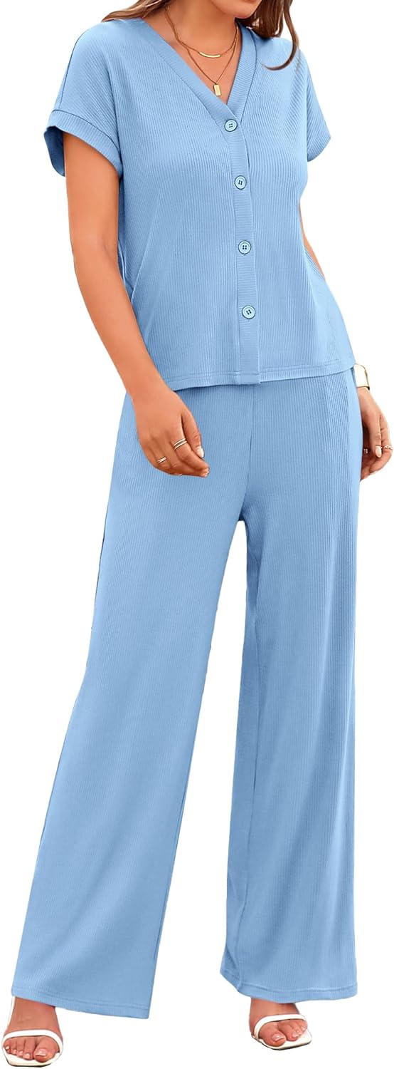 BTFBM Two Piece Sets For Women Summer Loose Ribbed Short Sleeve Button Down Shirt Wide Leg Pants Matching Lounge Sets