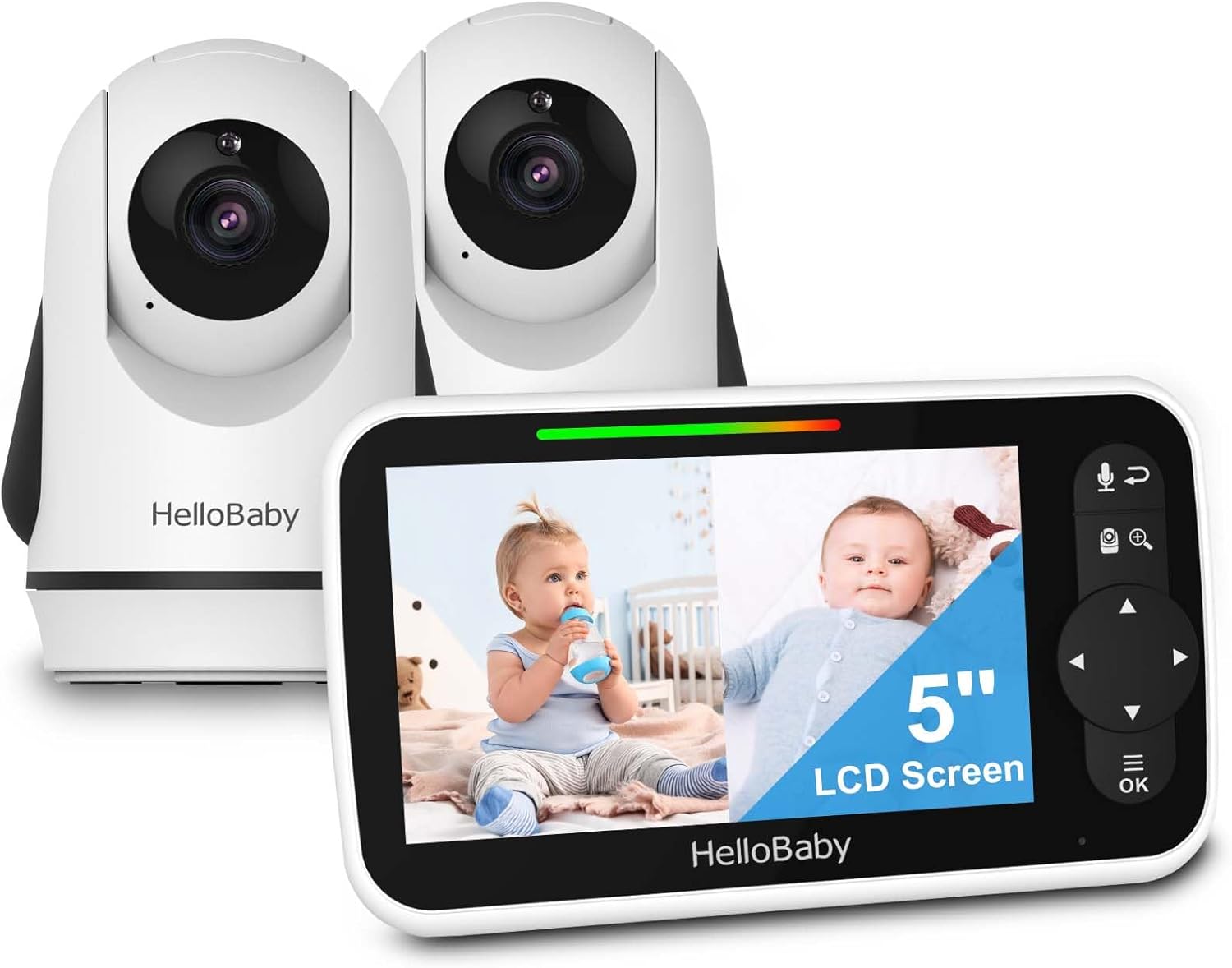 HelloBaby Video Baby Monitor with 2 Cameras and 5 Inch Split Screen Display, Remote Control Cameras with Night Vision and Temprature Monitoring