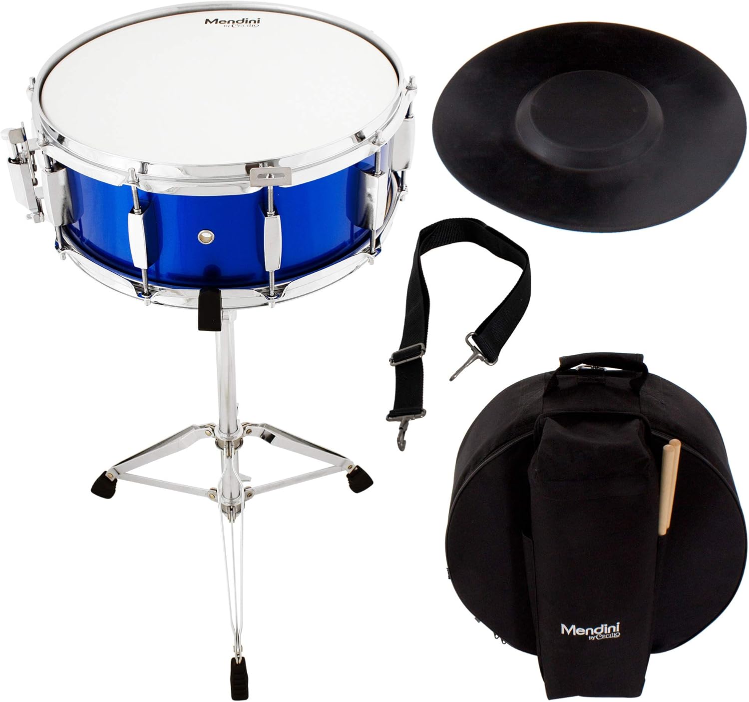 Mendini Student Snare Drum Set with Gig Bag, Sticks, Stand and Practice Pad Kit, Blue, MSN-1455P-BL