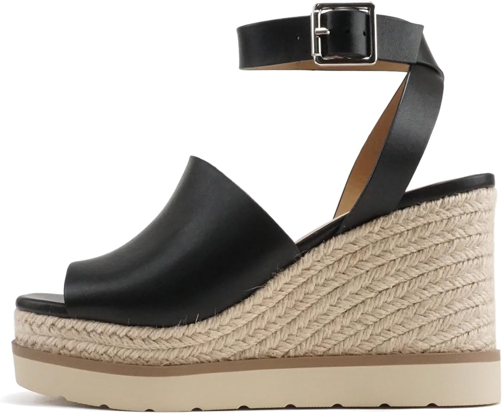 Soda Stella ~ Women Square Peep Toe Single Band Platform Espadrille Wedge Sandals with Adjustable Ankle Strap