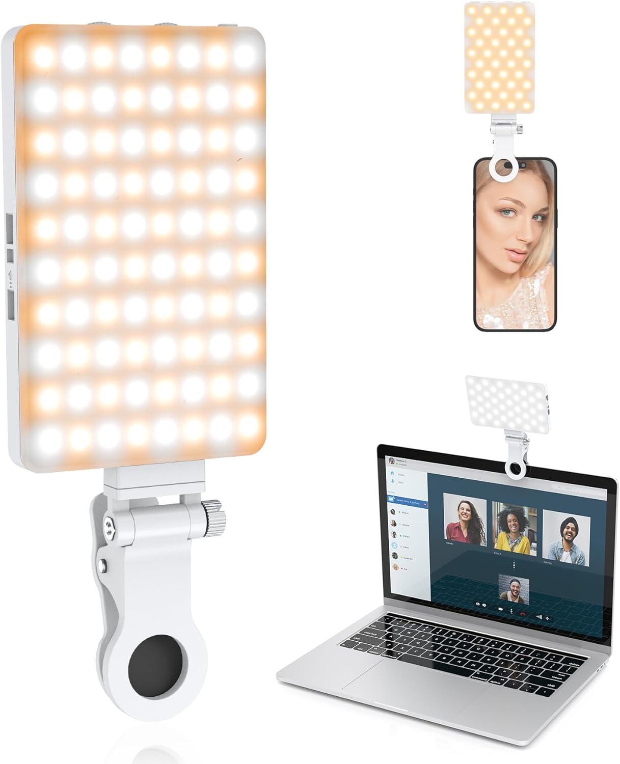 TONEOF 80 LED Portable Selfie Light,Rechargeable Phone Light with Clip,3 Light Modes 2000mAh Video Fill Light,Lighting for Video Recording, Makeup,Live Streaming,Vlog,Tablet/Laptop/Webcam White