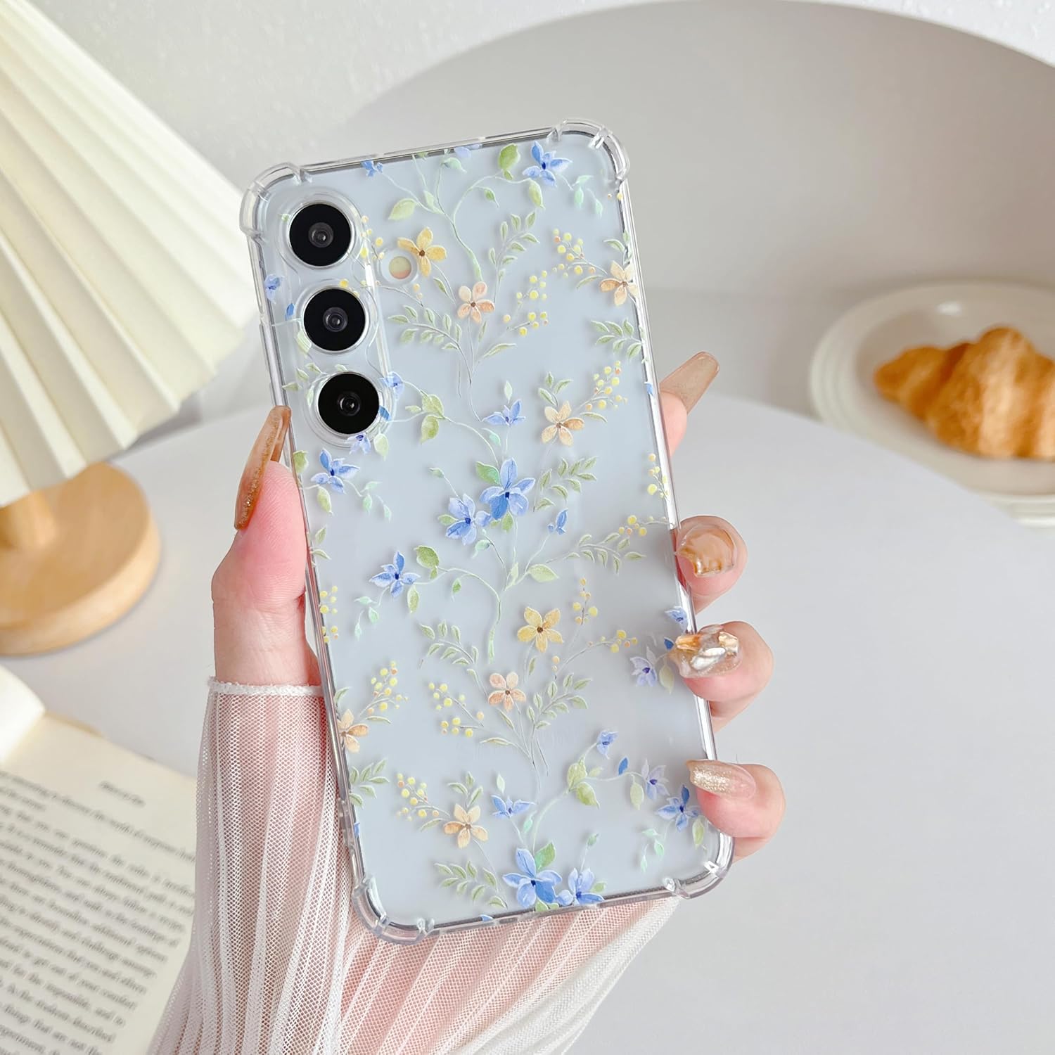 ZTOFERA for Samsung Galaxy S24 Case Clear Cute Flower Pattern for Women Girls Protective Shockproof Slim TPU Bumper Phone Cover for Samsung S24 Case, Blue Pink Flower