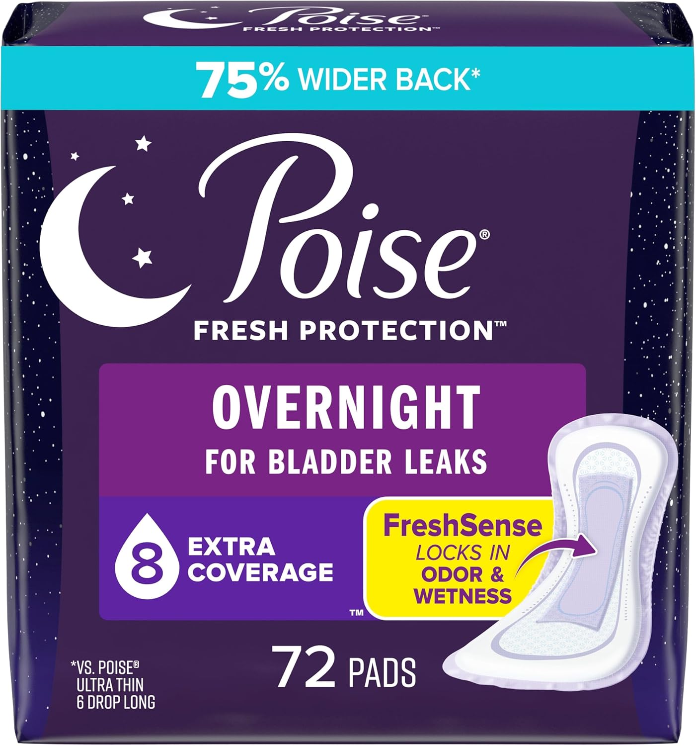 Poise Incontinence Pads & Postpartum Overnight Incontinence Pads, 8 Drop Extra Coverage, 72 Count (2 Packs of 36), Packaging May Vary