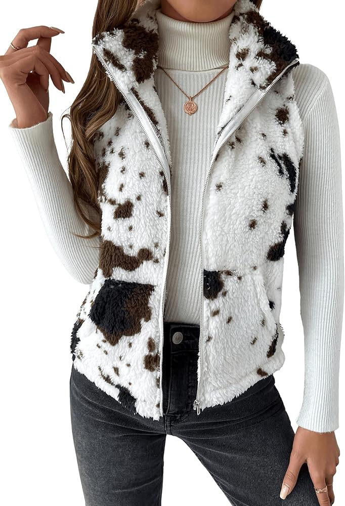 SOLY HUX Women's Cow Print Fleece Fuzzy Zip Up Vest Jacket Sleeveless Outwear with Pockets