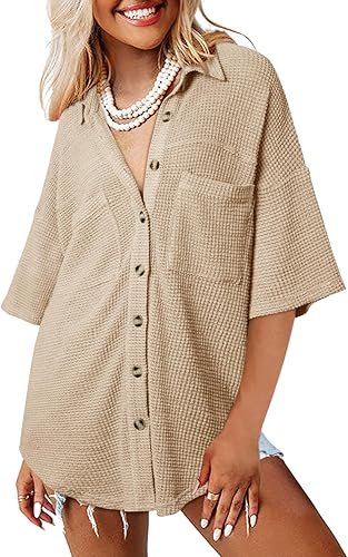 Dokotoo Womens Waffle Knit Tops Casual 3/4 Bell Sleeve Button Down Shirts Lapel V Neck Dressy Blouses with Pocket