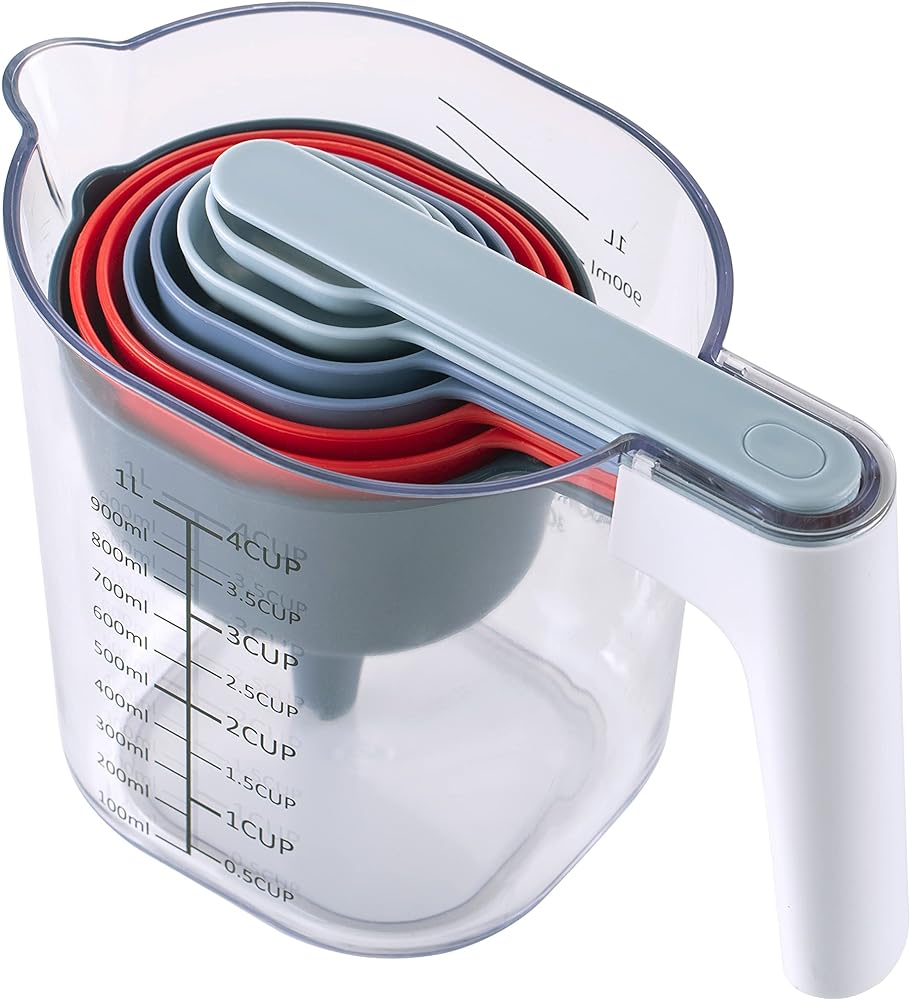 COOK WITH COLOR Measuring Cup Set - 9 PC. Nesting Stackable Liquid Measure Cup, Dry Measuring Cups and Spoons with Funnel and Scraper (Red)