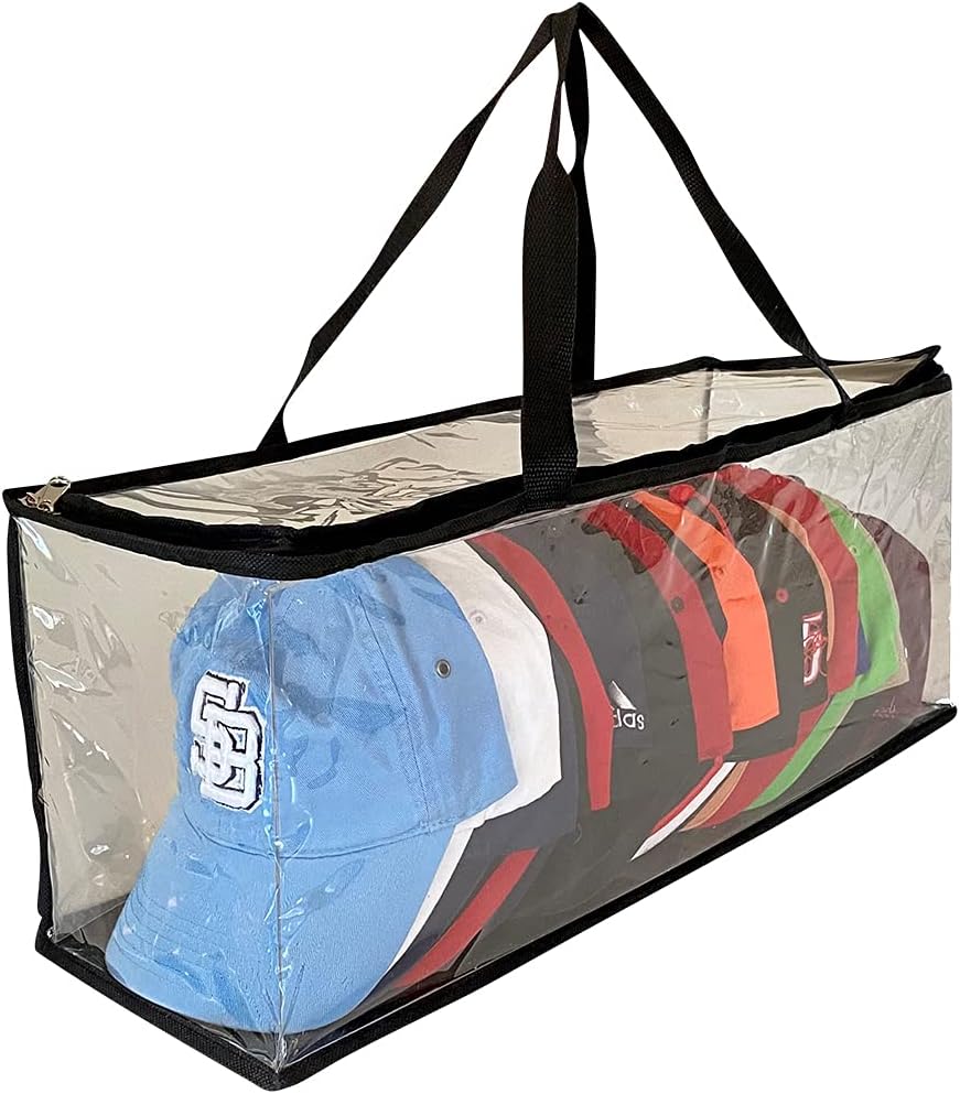 Evelots Baseball Sports Cap Storage/Travel Bag, Clear PVC Plastic-Holds Up to 15 Hats, With Zipper and Strong Straps-Protects from Dirt/Dust/Moisture